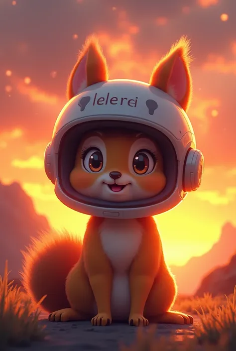 anime、3D、 real、 high image quality、Can愛いリスが笑顔、 eyes are twinkling、Can、 is wearing a helmet 、 helmets have 「Lele Rei 」It says:、The background is evening、Bathing in a dazzling sunset