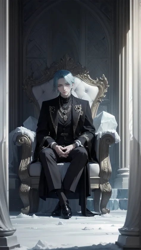 Dark Fantasy Style, Extremely Detailed, 1 male youth in a black marble palace, luxurious, mysterious, intimidating, frost blue hair, icy eyes, formal clothing, pale complexion, distant expression, reclining on a throne made of ice, the throne is on a centr...