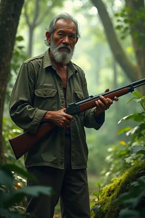 Picture a 60-year-old Vietnamese farmer holding a gun in the forest