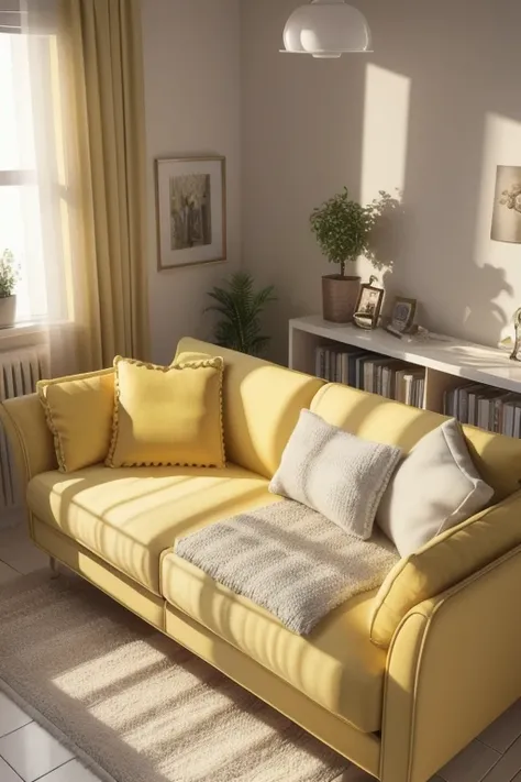  Very Elaborate Dollhouse, cozy bedroom,  Cute 3D Rendering , Fascinating light and shadow, White and yellow cushion,  architecture, furniture, indoor,  building , living room, room, Rugs, plant, Home Decoration, sofa, chair,  INTERIOR DESIGN   