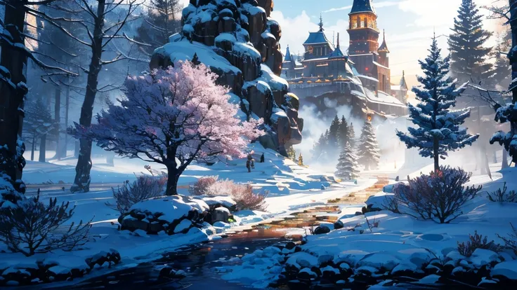 Mysterious fairytale world，((A breathtaking view of the rime))。The earth was shrouded in a thin layer of mis as if its a veil of mystery over the whole world。Elements of Christmas float in the white mist，Like flashing lights、Red flannel and bright stars，It...