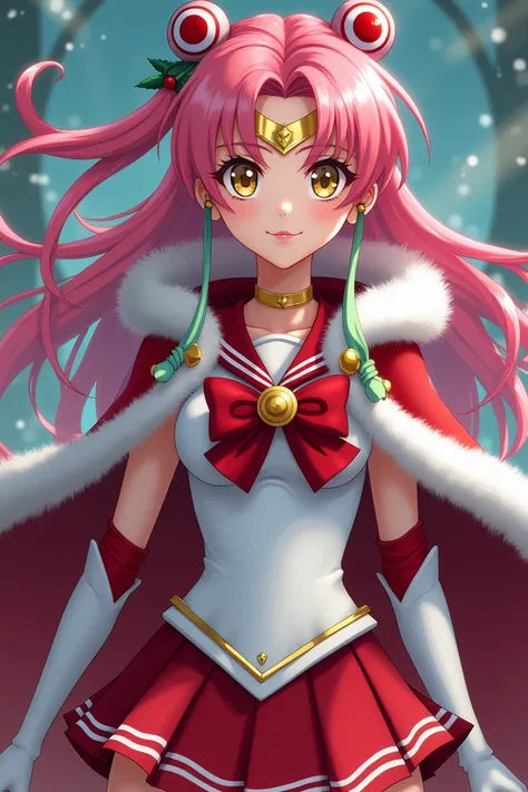 Create a 16-year-old sailor warrior from the anime Sailor Moon she should have dark pink long hair with mint green strands in her hair and beautiful yellow eyes her sailor uniform should remind of a festive Christmas and she should have a festive cape