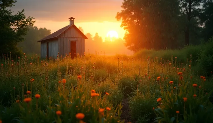  garden after a rain, The sun is rising  