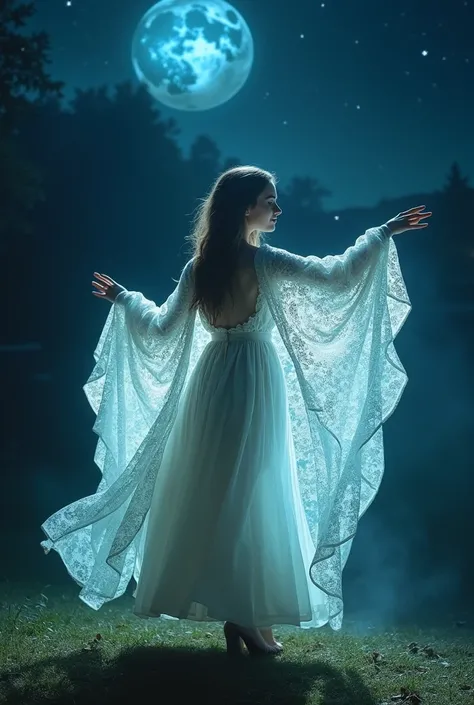 Video of a girl dressed as a saint dancing under the moonlight with light effects on her shawl.