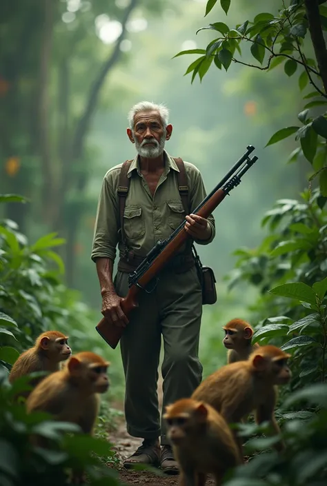 Image caption A 60-year-old Vietnamese farmer caught a family of monkeys in the forest while holding a gun in his hand