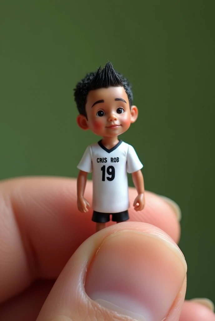 a petite Filipino man with very short hair,, wearing a white jersey that says "CRIS ROB 19" the size of a human finger, is shown very close up while standing on a
human finger. The human body and all the fingers that support it are in sharp, textured focus...