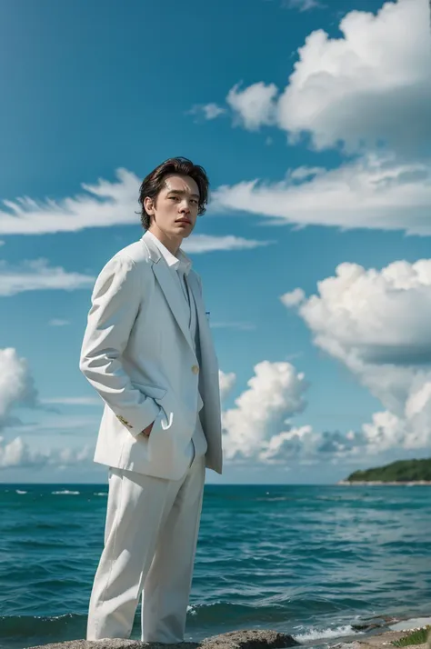 Masterpiece, best quality, solo, a man in a white suit standing by the sea, hands in pockets, waves, rocks, blue sky, white clouds, green grass, looking at viewer.