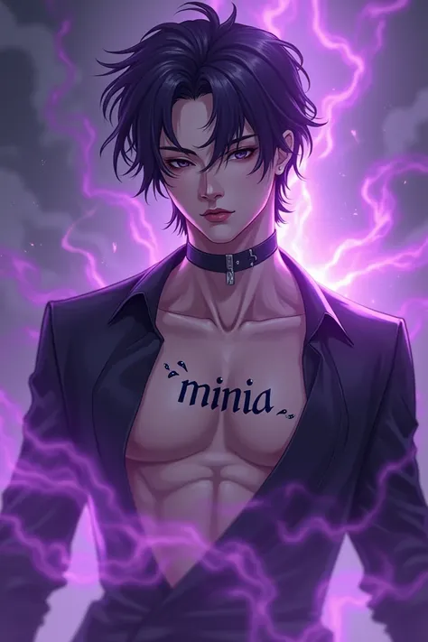 a handsome manhwa man with a tattoo that says "minia" on his chest and white skin and black eyes with a pointed nose and purple hair and beautiful lips, the background is full of misty purple color and covered with purple aura.