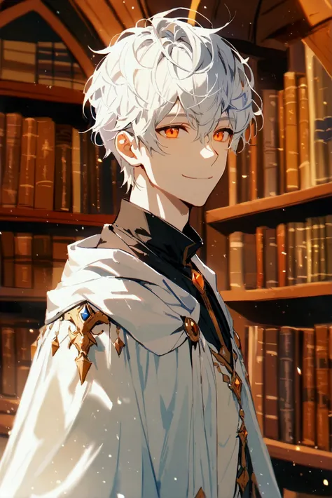 Alone,  good-looking, 1 male, Blonde hair,  orange eyes , white wizard robe,  black shirt, library, smile facial