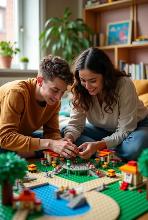 20-year-olds putting together park-shaped legos in their living room