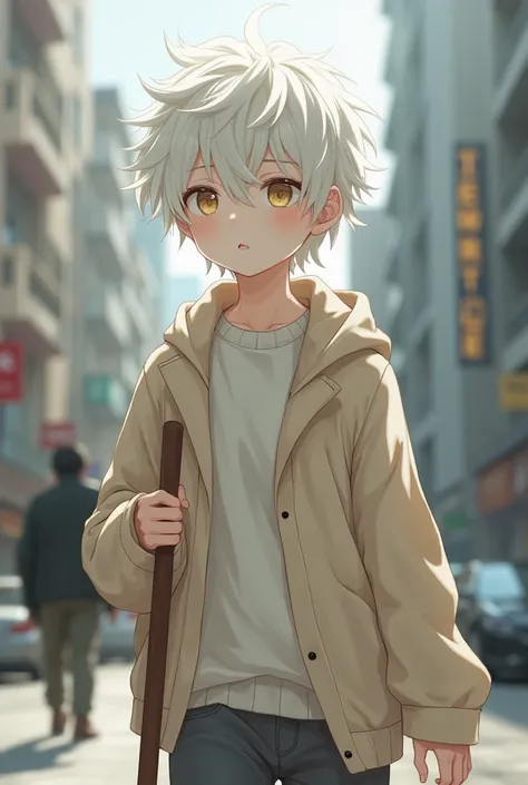 Boy. Anime. Realistic. Smooth skin. Pale skin. White hair color. Messy short hair. White eyes. Blind. Albino. Soft man. Holding a walking stick for the blind. He wears a beige wool sweater jacket that falls over one shoulder. White lashes. Walking in the s...