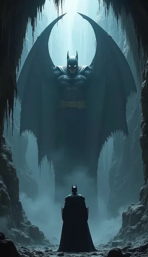 batman looking at giant bat in cave.