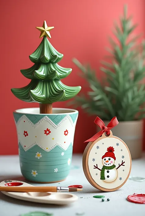 A poster with simple graphic, no text, for an art workshop to paint a small ceramic cylinder empty planter and a small flat round wooden ornament. On the planter, show a cute christmas tree picture with red background . On the ornament, show a cute snowman...