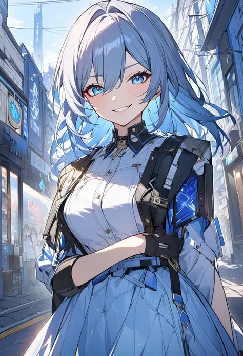 UHD, cowboy shot, 1girl, alone, Honkai: star rail, Happy Lusty face, smirk, medium breast, another costume, Silver Bells, Street, Blue Morning, background_(Home on the range)