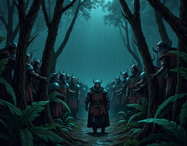  Comics-style image. (Image of mysteries ) very dark Amazon jungle , At night and raining ,  among the trees were hundreds of Vikings,  clutched in the trees , Screaming desperately from pain 