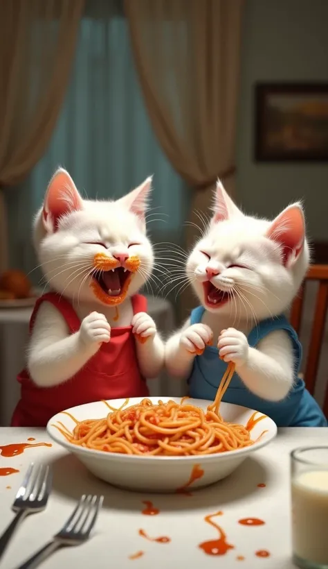 🍝 Spaghetti Face Madness 🍝
Two realistic white baby cats, dressed in tiny aprons (one red, one blue), are sitting at a dining table with a bowl of spaghetti. One cat’s face is covered in spaghetti sauce with noodles hanging from its ears, while the other c...