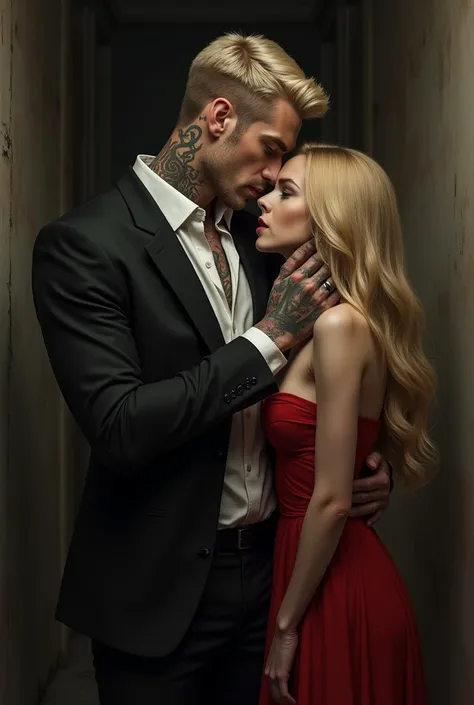 Man in the handsome hunk suit , he wears a suit, tem  30 anos years, blonde, high ,Imagine Victor, all tattooed, tattooed neck, Tattooed hand , He holds the neck of a 17-year-old, linda, blonde, naive, She wears a red dress 
He wears a tuxedo 



She doesn...