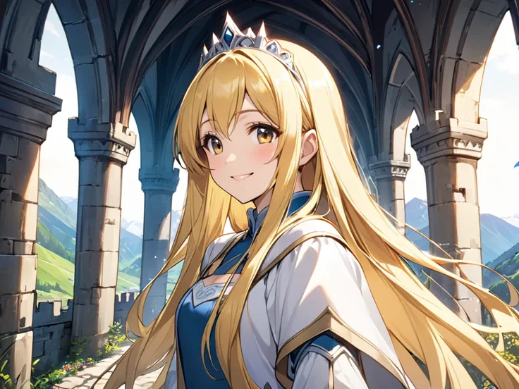 princess、Blonde、 long hair、valley、smile、 upper body、Inside the castle、 face forward