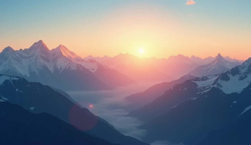 "Create a high-quality motivational background image featuring a breathtaking sunrise over a mountain range, symbolizing hope and determination. The scene should include soft golden light illuminating the peaks, with a clear sky transitioning from warm ton...