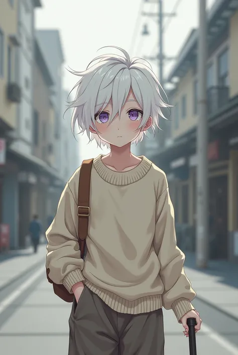 Boy. Anime. Realistic. Smooth skin. Pale skin. White hair color. Messy short hair. purple eyes. Blind. Albino. Soft man. Holding a walking stick for the blind. He wears a beige wool sweater jacket that falls over one shoulder. White lashes. Walking in the ...