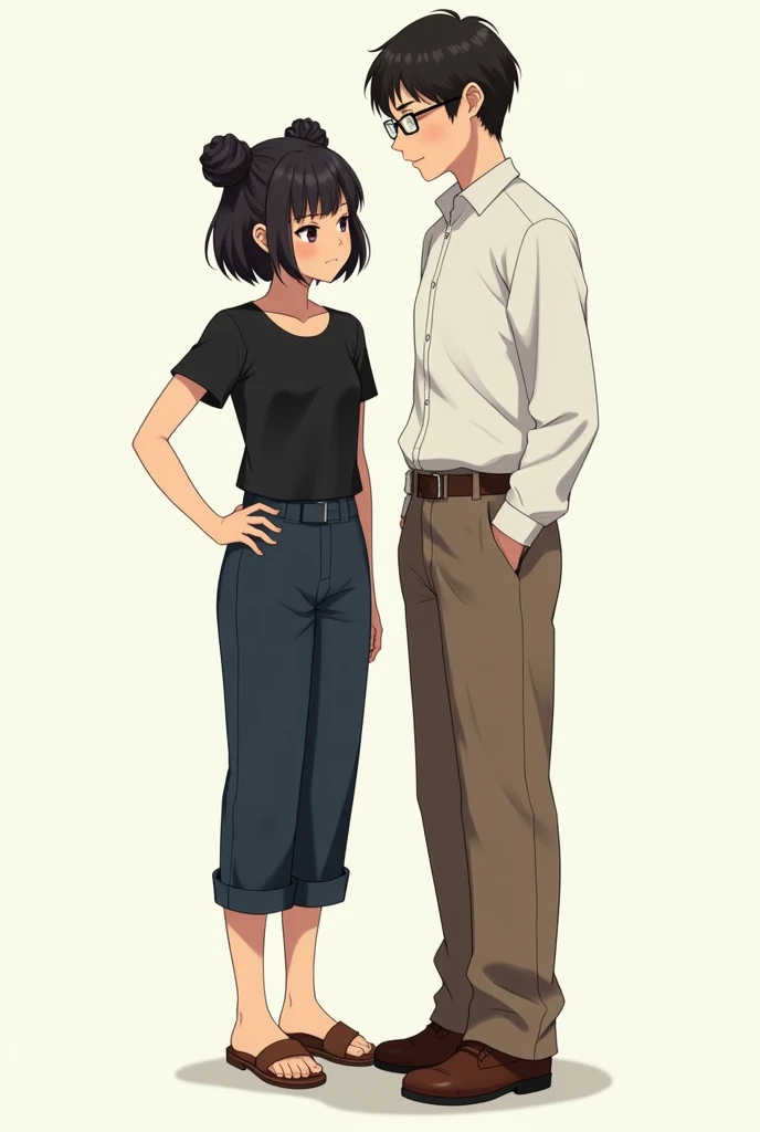 A tall girl in dark blue trousers, a short black T-shirt, sandals, two hair bun and a modest shy guy in a white shirt, glasses, brown trousers, brown shoes