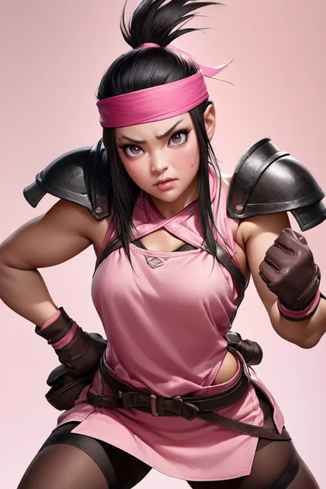 ((Short-tailed female warrior with a strong expression wearing pink clothes))、 trained biceps、front、 high definition 、 simple background 、 face up、 wristband around the neck、 gloves、 utility belt 、(Shoulder Armor)、Headband、 skirt、 spats、tights、( black hair...