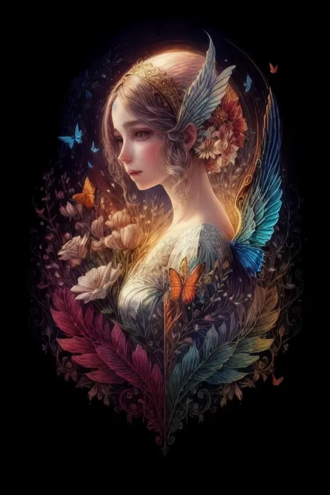 (Illustration:1.3) flathearth (by Artist Anna Dittman:1),spring, paper art, 3d rendering, colorful, beauty side face, phoenix, flowers, butterflies, lines, best quality, detailed details, masterpiece, official art, cinematic lighting effects, 4K,