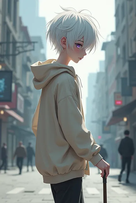 Boy. Anime. Realistic. Smooth skin. Pale skin. White hair color. Messy short hair. purple eyes. Blind. Albino. Soft man. Holding a walking stick for the blind. He wears a beige wool sweater jacket that falls over one shoulder. White lashes. Walking in the ...