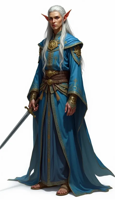 Realistic, highly detailed full-body image of an elf wizard from Dungeons & Dragons. He has a tall, slim build with pointed ears and sharp, angular facial features. Her long hair, whether silver, flows gracefully, giving her an air of ancient wisdom. He we...