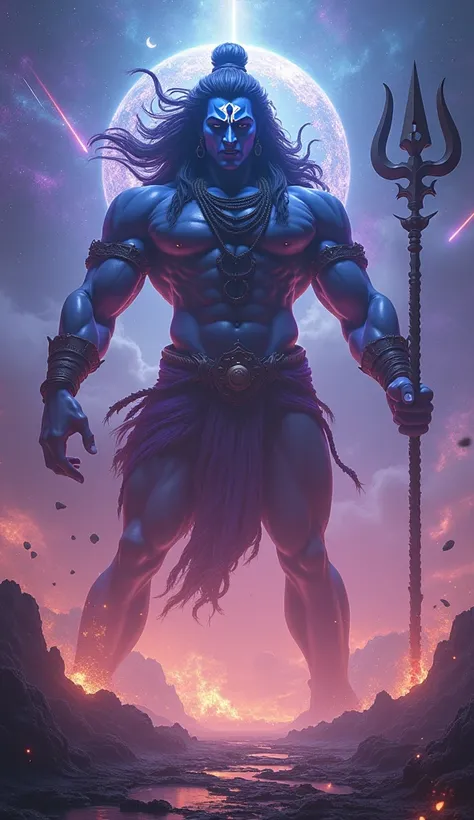 (photorealism:1.2), Depict Lord Shiva in his most Virat (colossal) and fierce form, with a towering, muscular figure exuding raw divine power. His face should show intense anger, with his third eye open, radiating beams of destructive energy. His eyes burn...