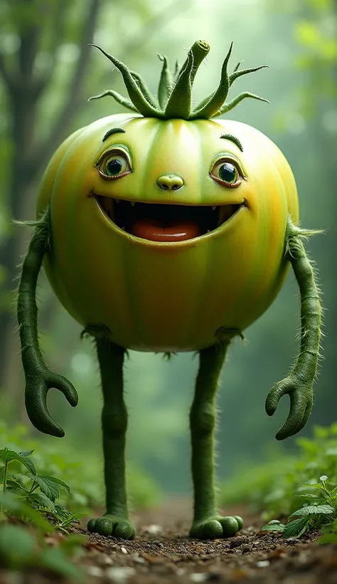 Create a green color giant tomato also he have all body parts like humans 