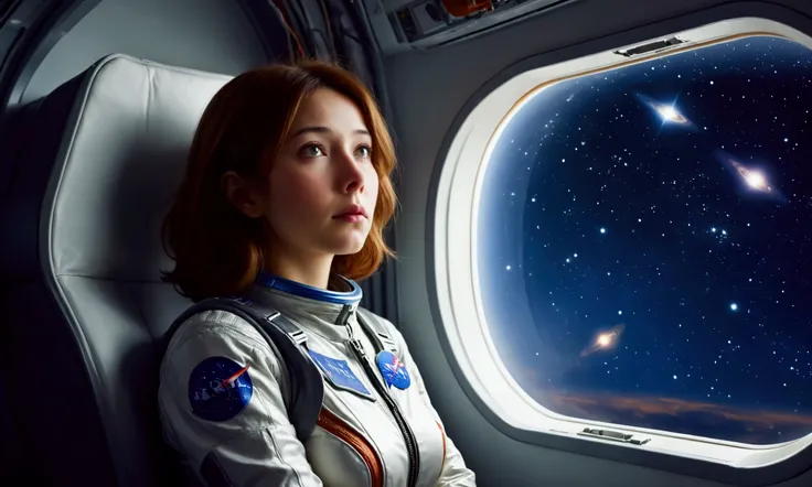 A cute woman (age 25, sad, lonely, space explorer outfit), she is looking out the window sadly on a commuter rocket full of android passengers. Lonely commuter flight through the stars
