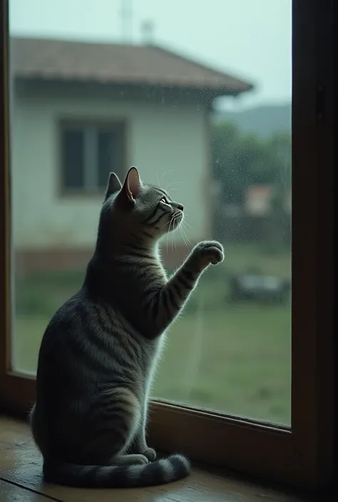 One night in Venezuela, Guarico state, a gray tabby, sad cat outside a house touching a closed window 