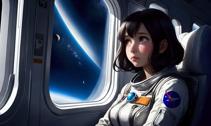 A cute woman (age 25, sad, lonely, space explorer outfit), she is looking out the window sadly on a commuter rocket full of android passengers. Lonely commuter flight through the stars