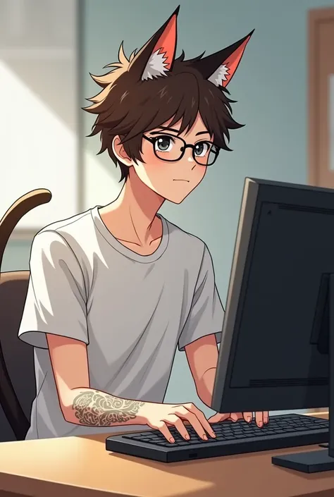 man, lecturer, in glasses, young, cat boy, brunette,  tattoo ,  Short hair, thin, with a computer, Human