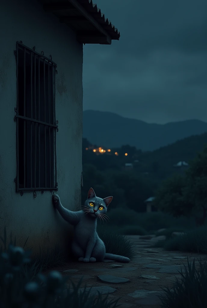 A dark night in Venezuela, Guarico state, a gray tabby and sad cat outside a house touching a closed window 