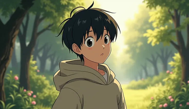 "Envision a 23-year-old boy with jet-black hair and calm, soulful eyes, in the soft, whimsical art style of Ghibli. His minimalist yet cozy attire blends seamlessly with a world filled with subtle beauty and peaceful moments. He exudes a quiet, mature char...