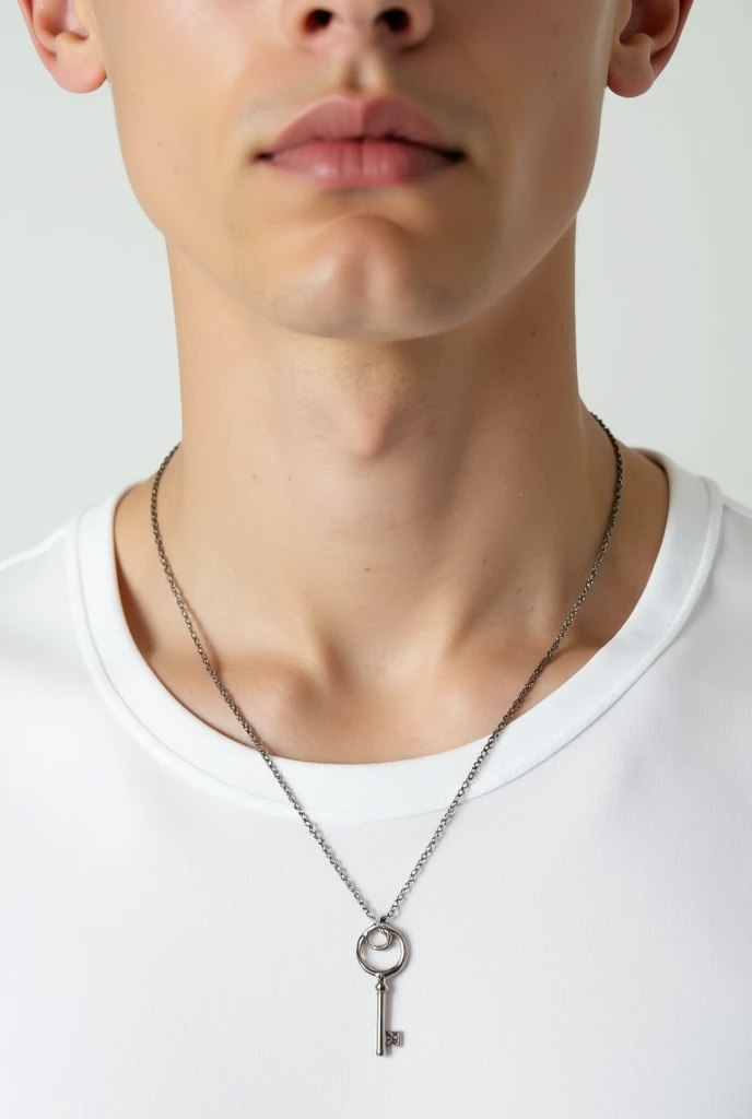 L’image est un gros plan d’un homme non identifié portant un collier simple en chaîne fine en argent. Le pendentif est une clé stylisée, également en argent, avec un anneau rond au sommet et une tige fine. La clé est relativement petite par rapport à la ta...