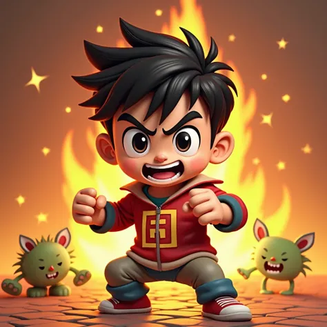  This is a 3D cartoon type ，boy， "怒" logo，  with angry flames in magma in the background