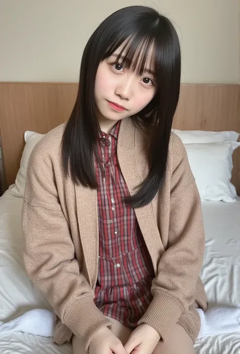 (((8k、 high definition 、 top quality、 high definition )))Alone、natural body shape、 white skin、  natural makeup、 black hair、bangs、 long straight hair、、((High School Uniform)) 、(( Beige Cardigan 、 Adult young man composition  ))、(( red plaid pleated skirt))、...