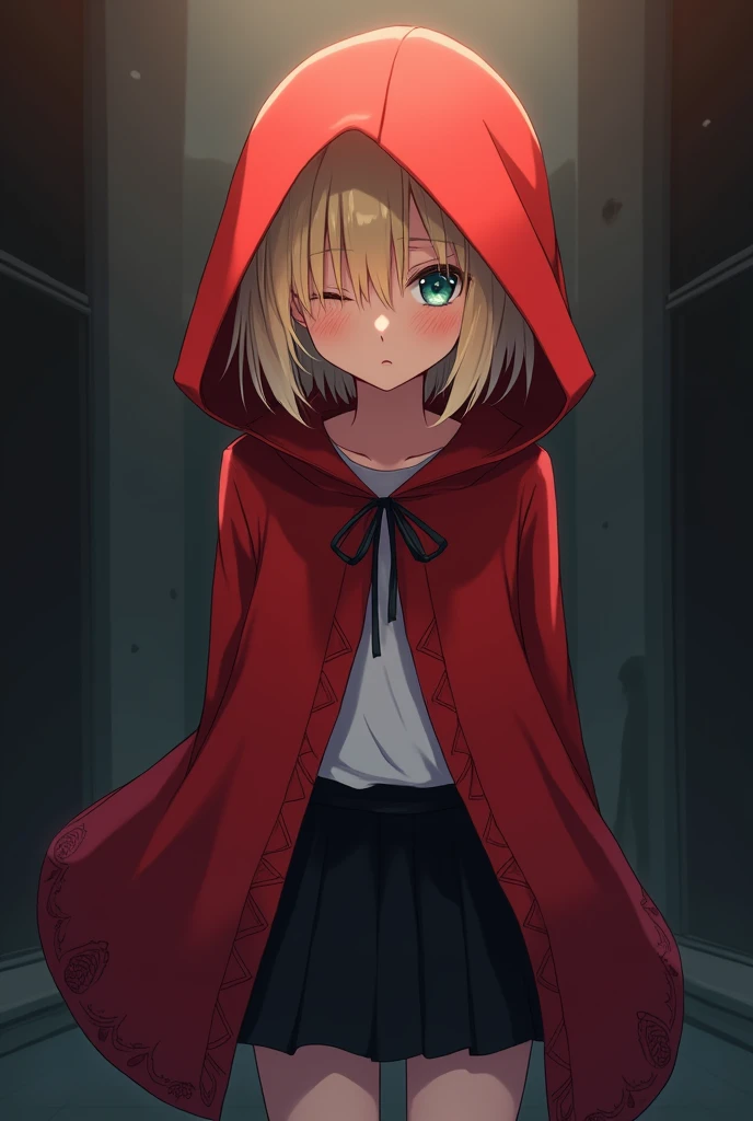  Short haired blonde girl (hair covering her eye ) black skirt and red hood with a cold and nervous look blushed full body anime