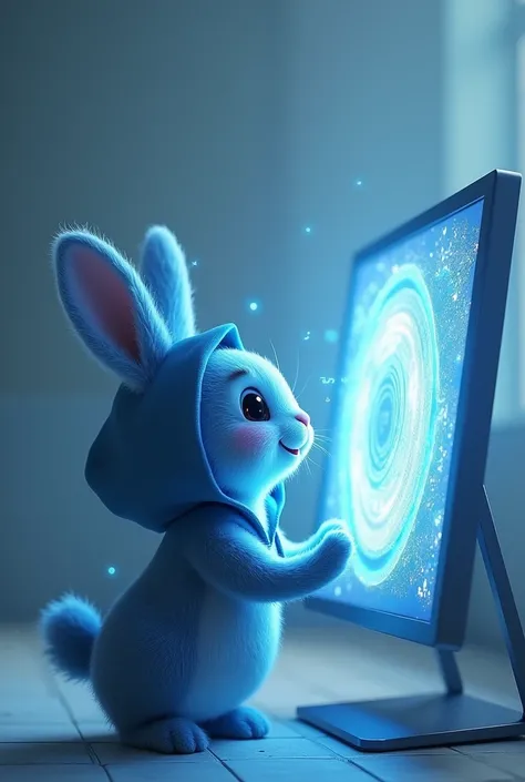 The blue hooded rabbit is happy to see a mysterious feeling on the monitor