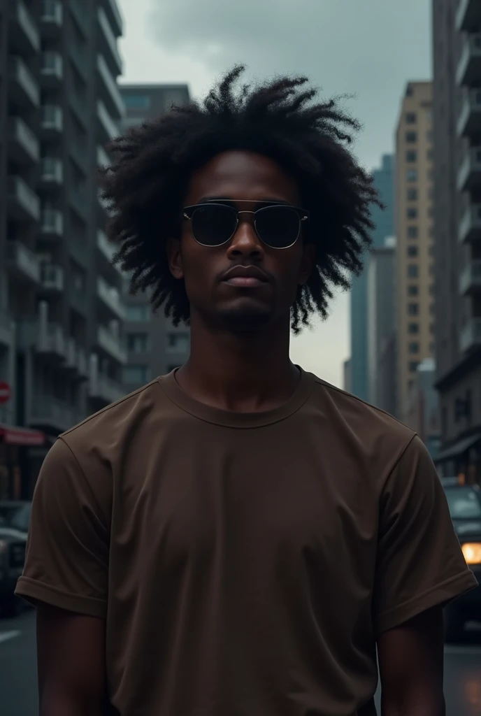 a hendsum boy in his 20 with medium-length black and curly hair his screen is black and he si African wearing a brown t-shirt and wearing a black sun glass standing on a city