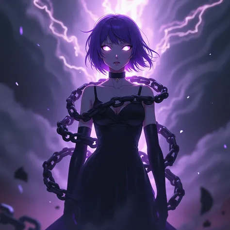 Anime actress MAN in figure standing in front, purple Bright color and black lighting, glowing eyes, blurring background, thunder, white flame eyes, grainy art, creativity, originality, inspiration, black ghost, white eyes, chains a round, eyes of flames, ...