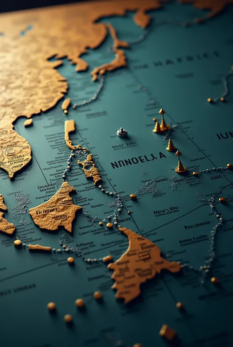 UHD, cinematic view of a historical map of Pearl Harbor, with dramatic lighting, showing Hawaii and nearby Pacific regions, annotated with dates and arrows symbolizing the attack.