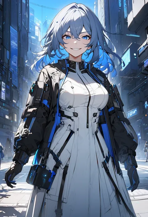 UHD, cowboy shot, 1girl, alone, Honkai: star rail, Happy Lusty face, smirk, medium breast, another costume, Silver Bells, cyberpunk suit, Black short jacket with blue inserts, white dress, Street, Blue Morning, background_(Home on the range)