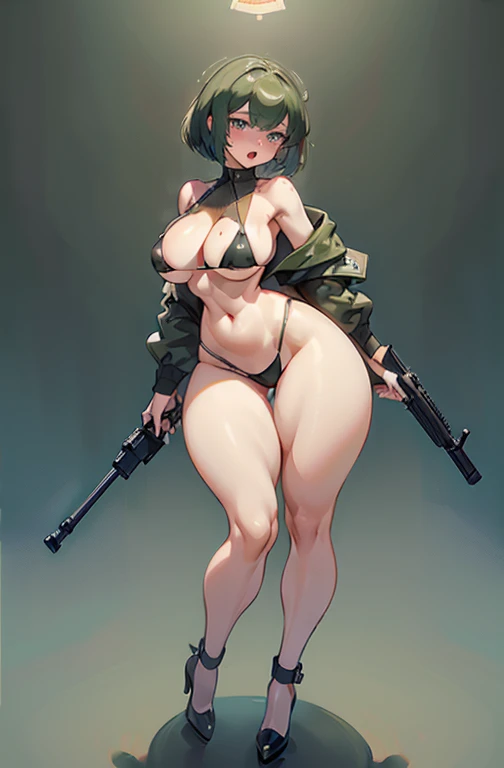 Exited, moan, Open mouth, young girl, Pullover, whole body to see, (( very wide hips)), (((colossal Thighs, gigantic thighs, very huge thighs, very big thighs))), fullbody, very Big breast, , firm breast, Bob cut hair, military camouflage, soldier girl, ho...