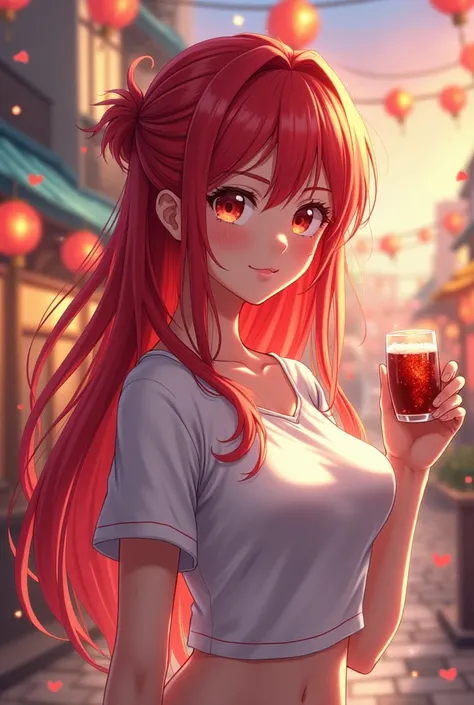  girl ,  red hair, New Year, without a t-shirt, anime,  big breasts 