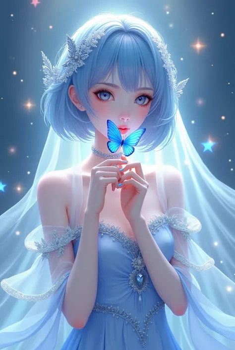 Beautiful Asian girl, 18 years, 
A graceful fantasy character with short, icy blue hair and a delicate complexion, wearing a flowing outfit in shades of blue and white. Her look is enhanced with shimmering silver accessories wrapped elegantly around her ar...