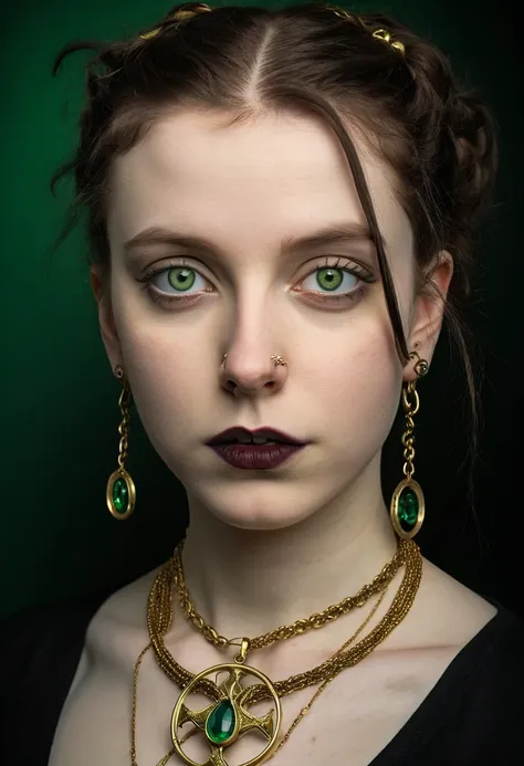 a vibrant professional studio portrait photography of a young, pale, goth, attractive, friendly, casual, delightful, intricate, gorgeous, female, piercing green eyes, wears a gold ankh necklace, femme fatale, nouveau, curated collection, annie leibovitz, n...